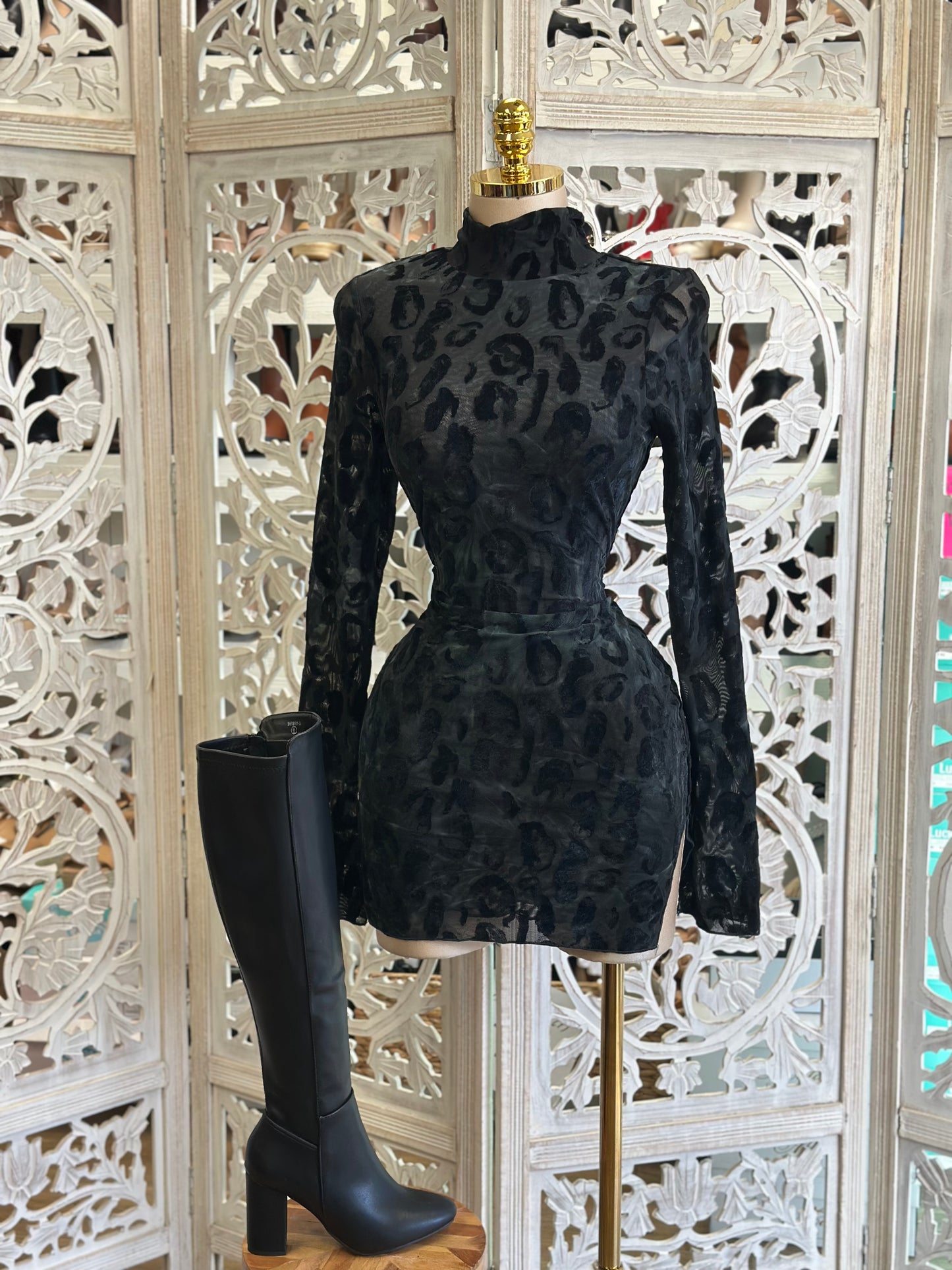 Black Leopard Velvet Mini Dress- Stretchy,Estira