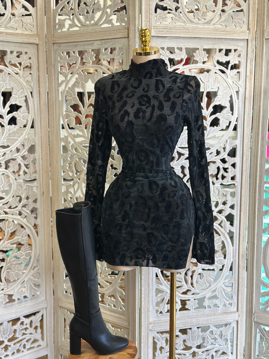 Black Leopard Velvet Mini Dress- Stretchy,Estira
