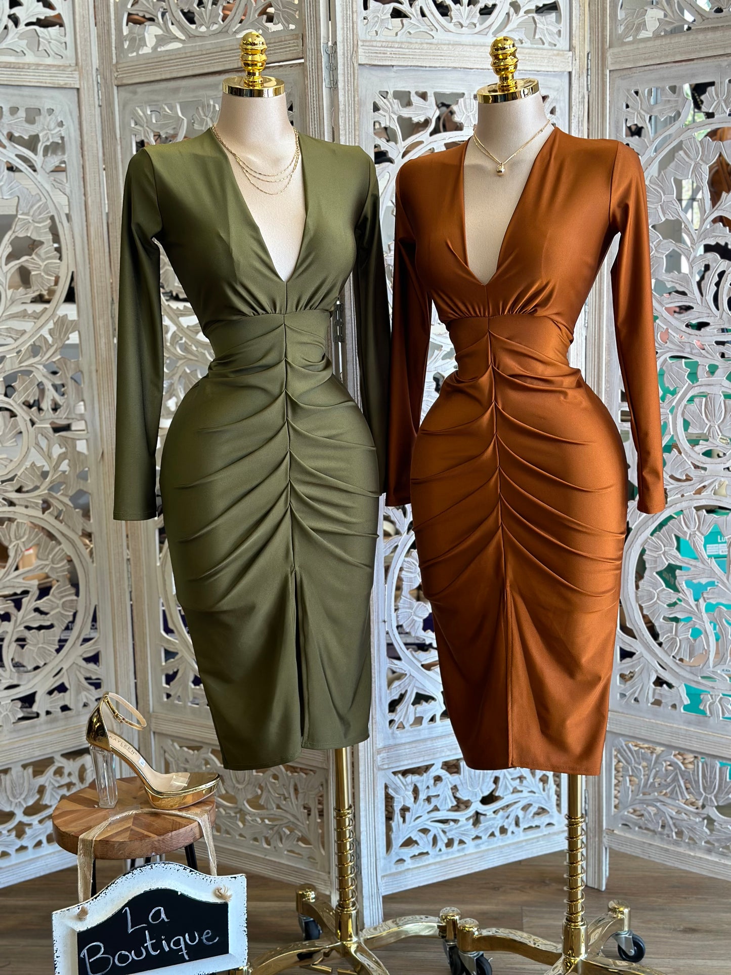 Deep V Long Sleeve Ruched Dress- Stretchy,Estira