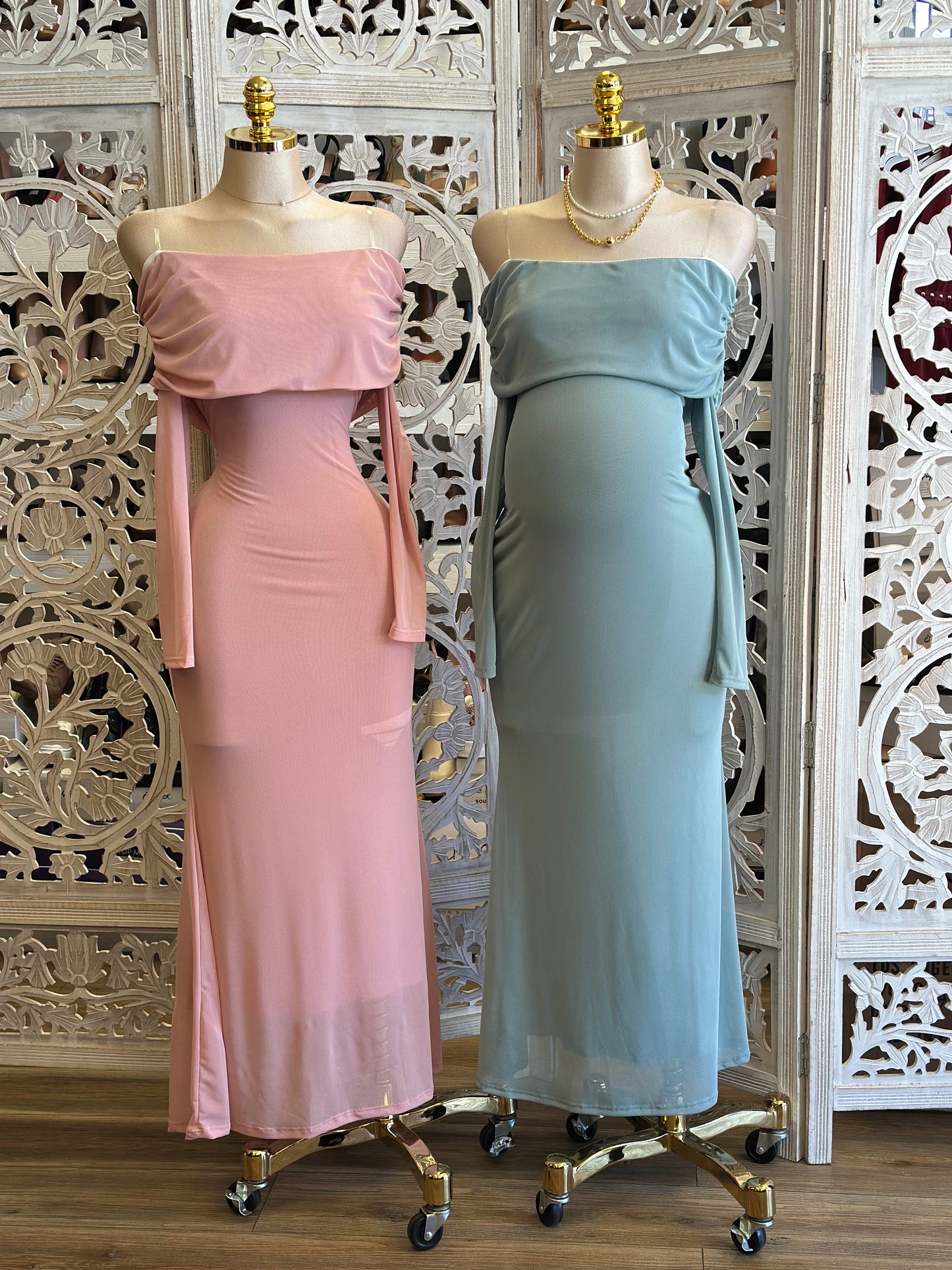 Off Shoulder Mesh Maxi Dress-Stretchy, Estira