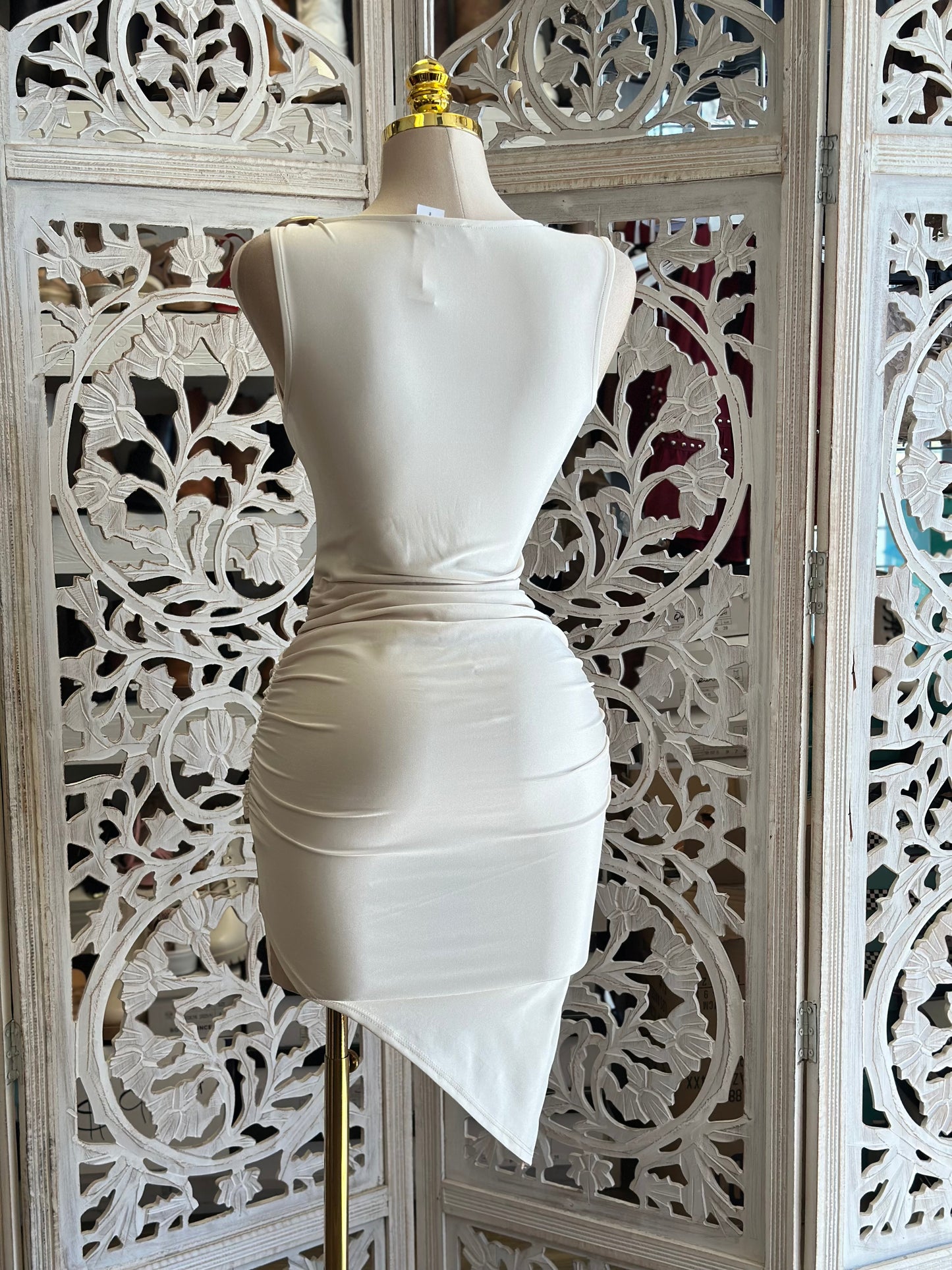 Brass Knotted Mini Dress-Estira, Stretchy