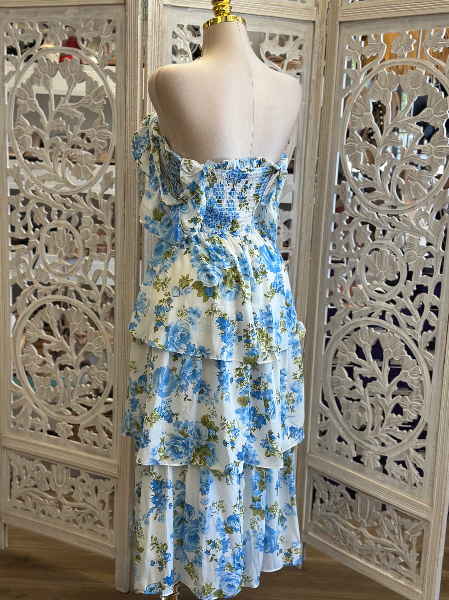 Ruffle Blue Floral Midi Dress- Estira,