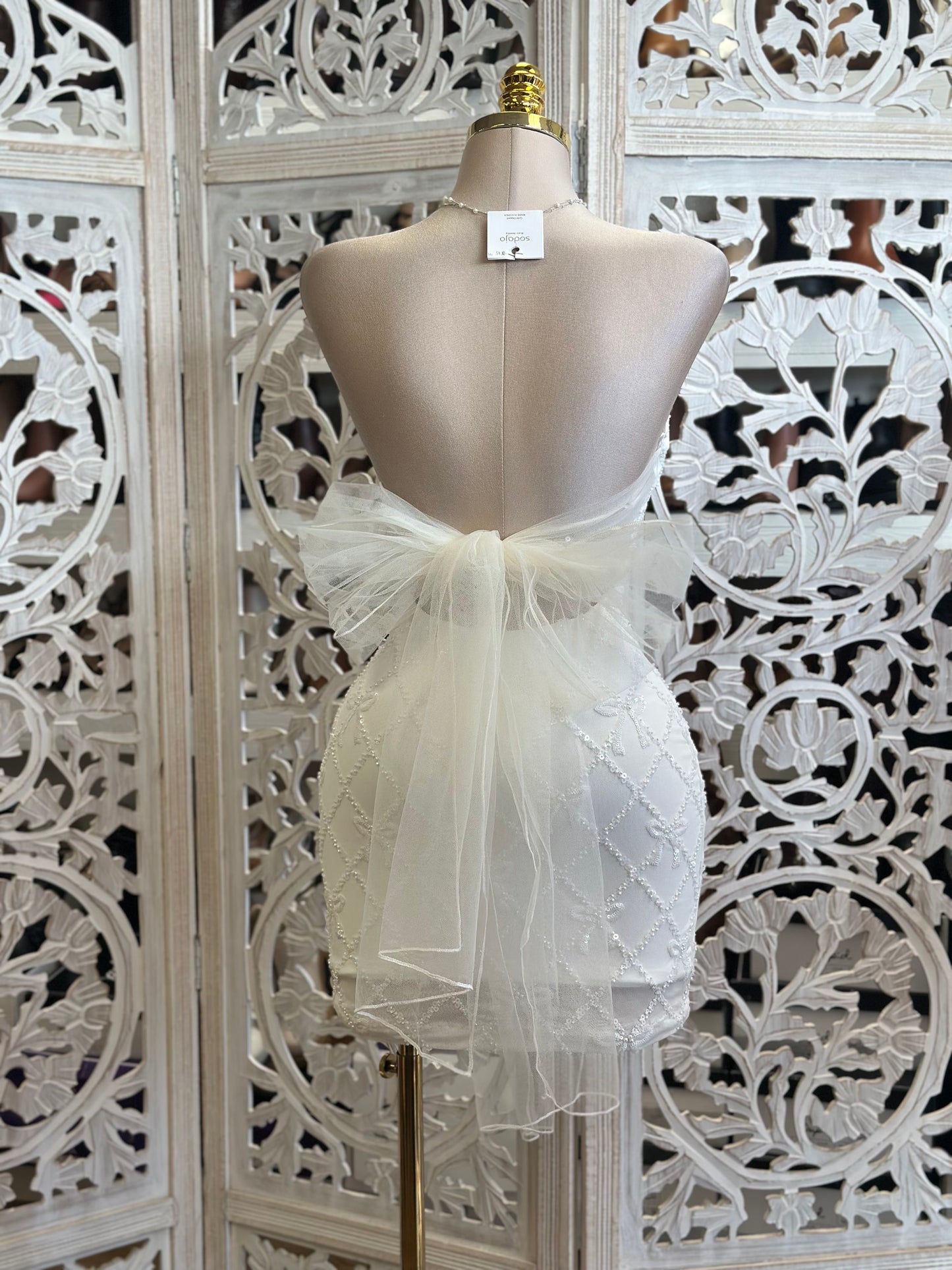 Ribbon Embellishment White Mini Dress- Slightly Stretchy,Estira Poco