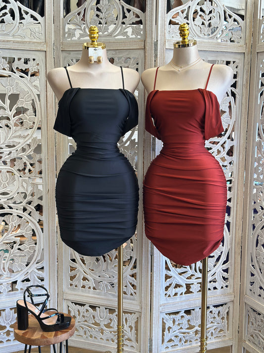Off Shoulder Mini Ruched Dress- Stretchy