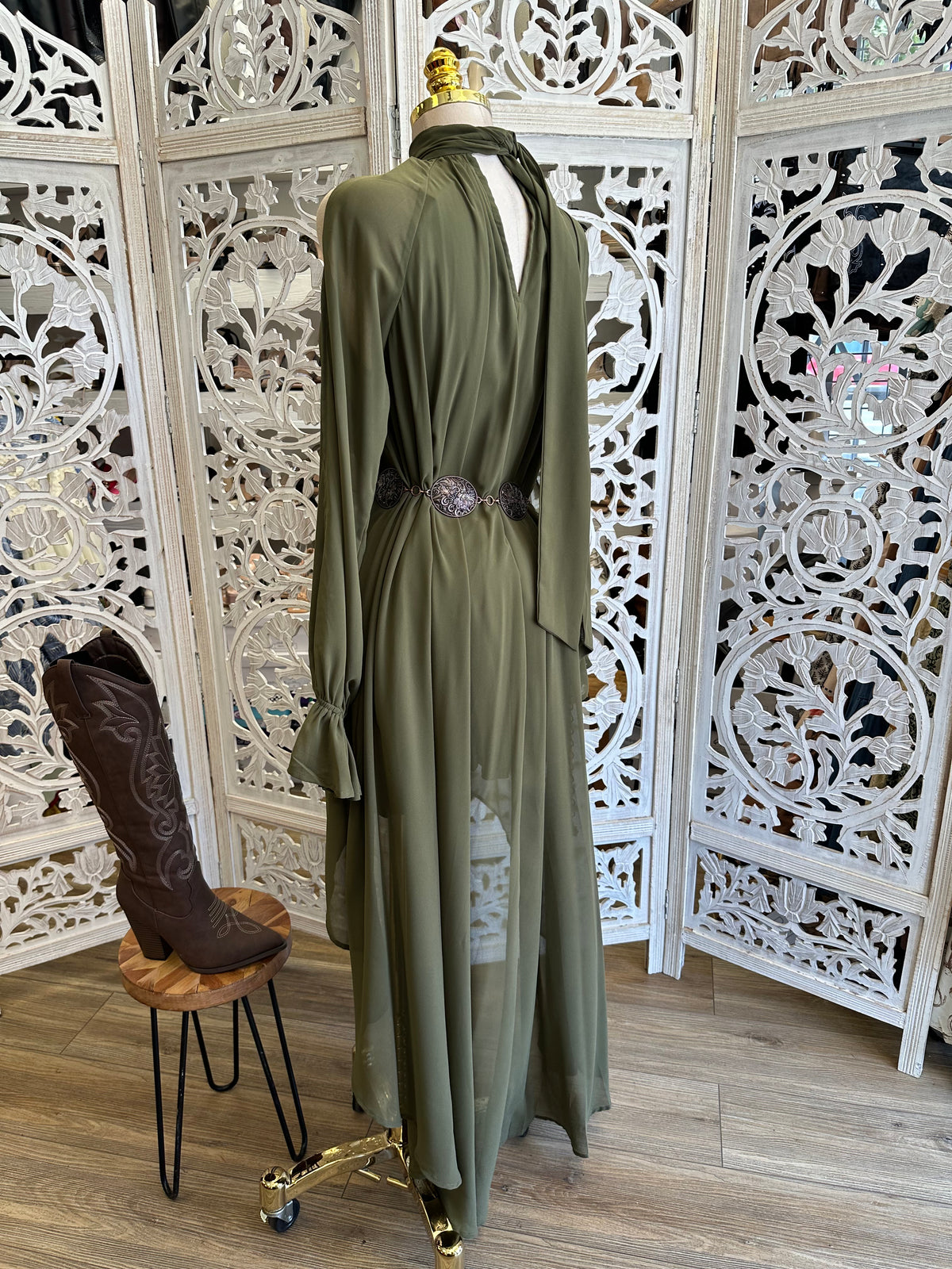 Olive Mesa Cold Shoulder Dress- Estira, Stretchy