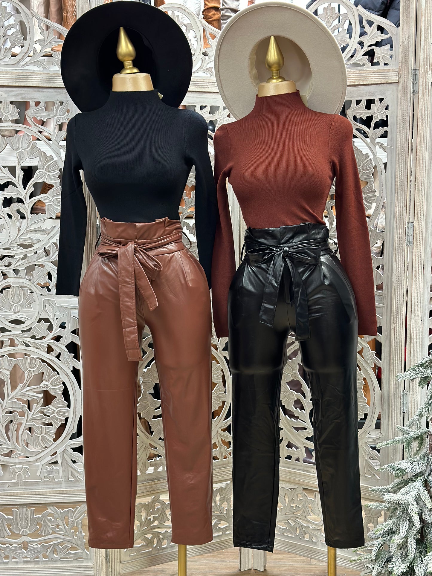 Bow Faux Leather Flare Pants