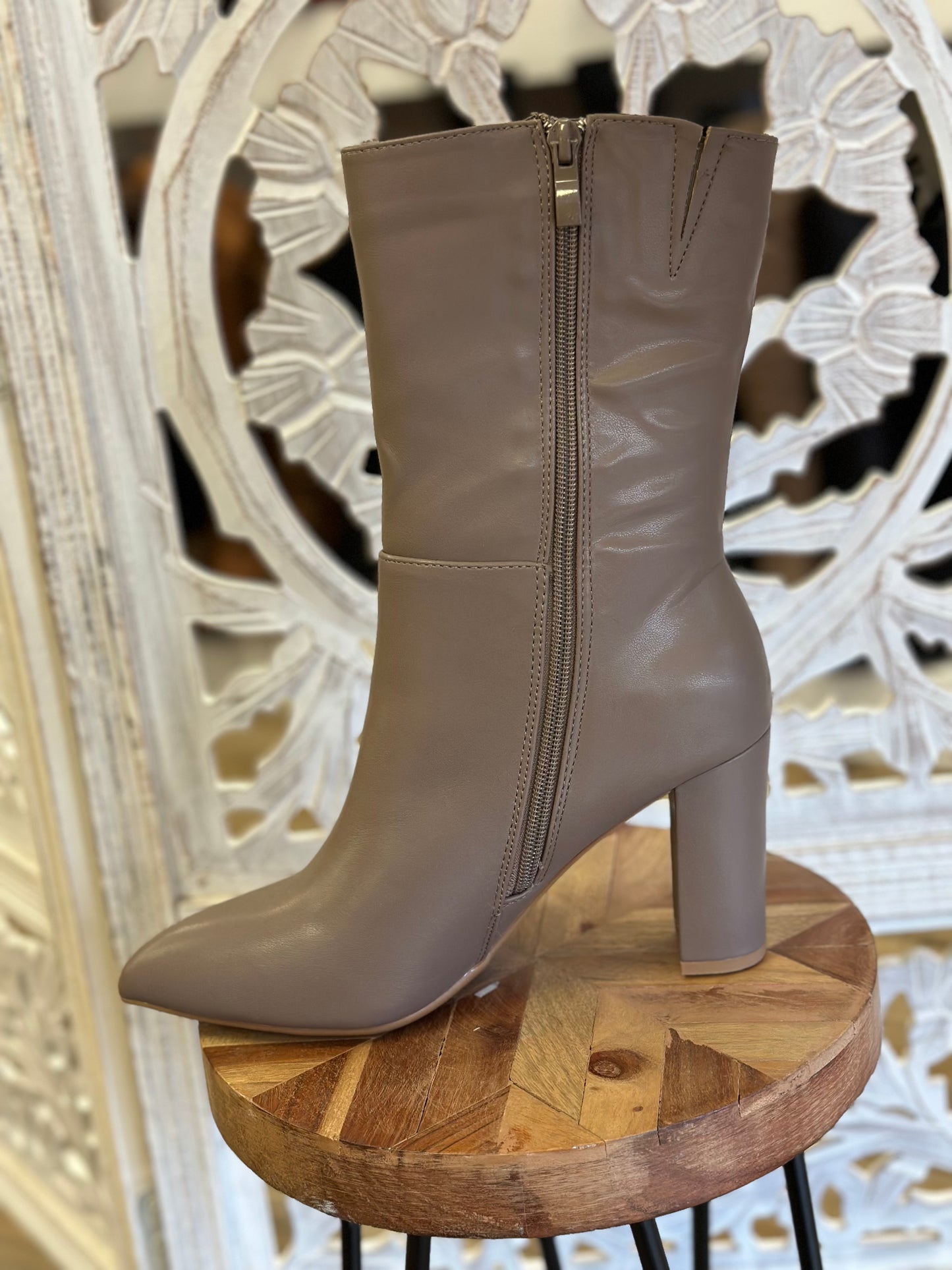 Taupe Faux Leather Heeled Mini Boots