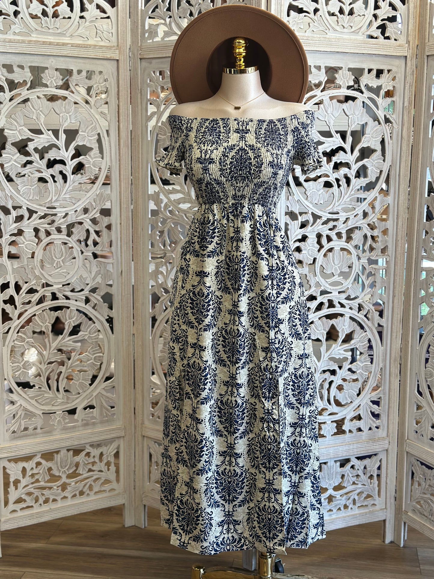 Off Shoulder Smocked Pattern Maxi Dress- Stretchy , Estira