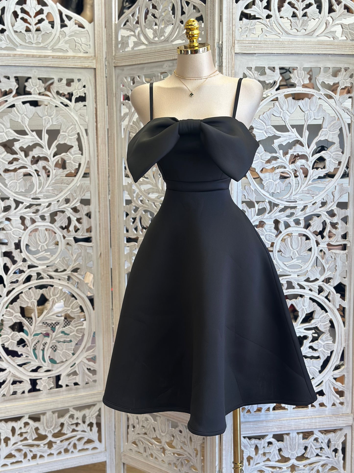 Black Bow Fit and Flare Dress-Estira, Stretchy