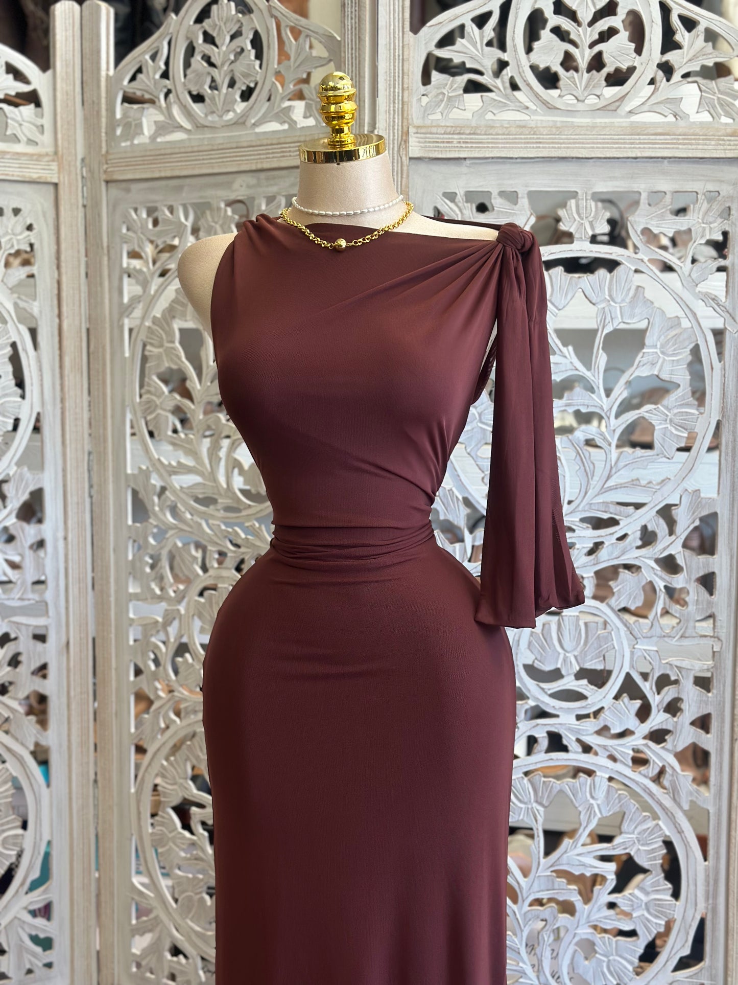Deep Burgundy Sleek Asymmetrical Dress- Stretchy, Estira