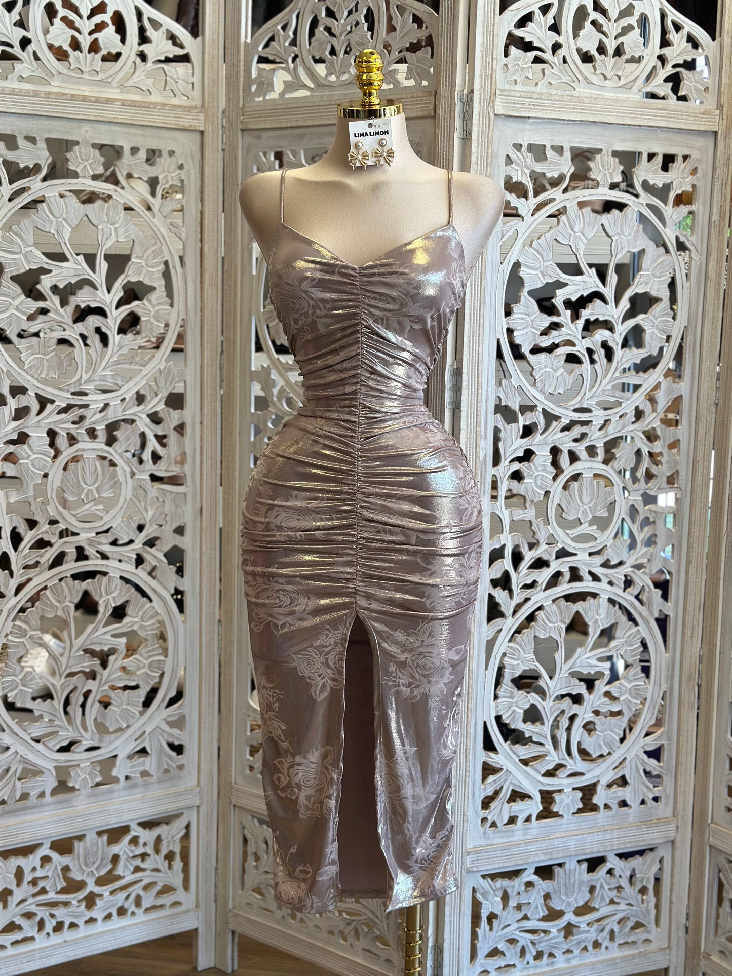 Metallic Floral Midi Dress- Stretchy , Estira