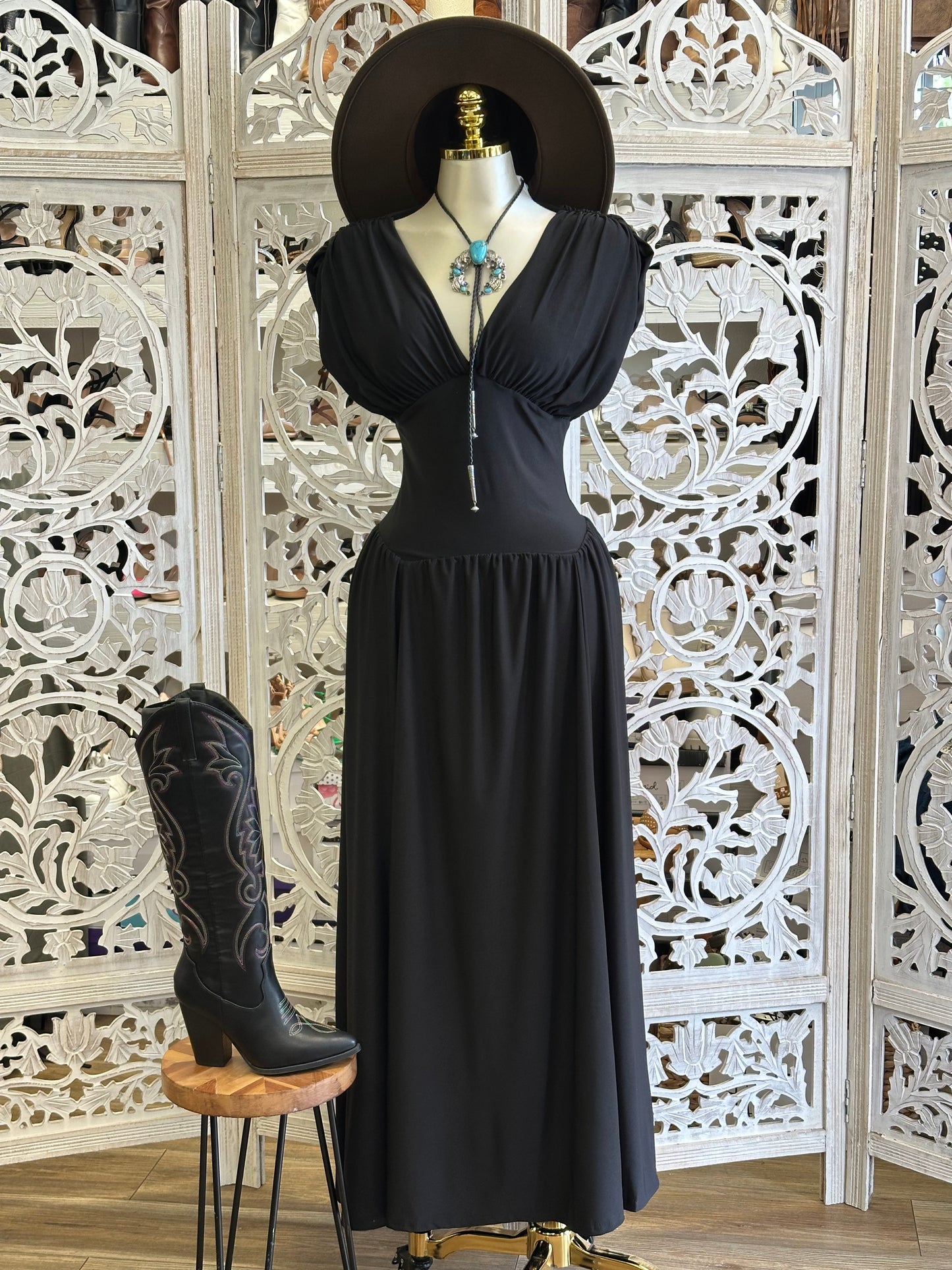 Midnight Wanderer Ruched Western Maxi Dress- Stretchy, Estira