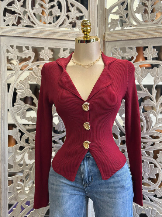 Deep Red Snail Button Top- Estira, Stretchy