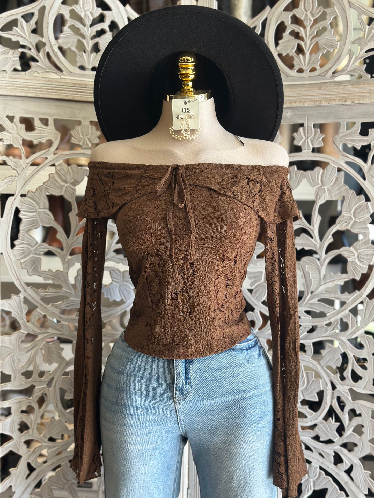 Brown Lace Off Shoulder Top- Estira, Stretchy