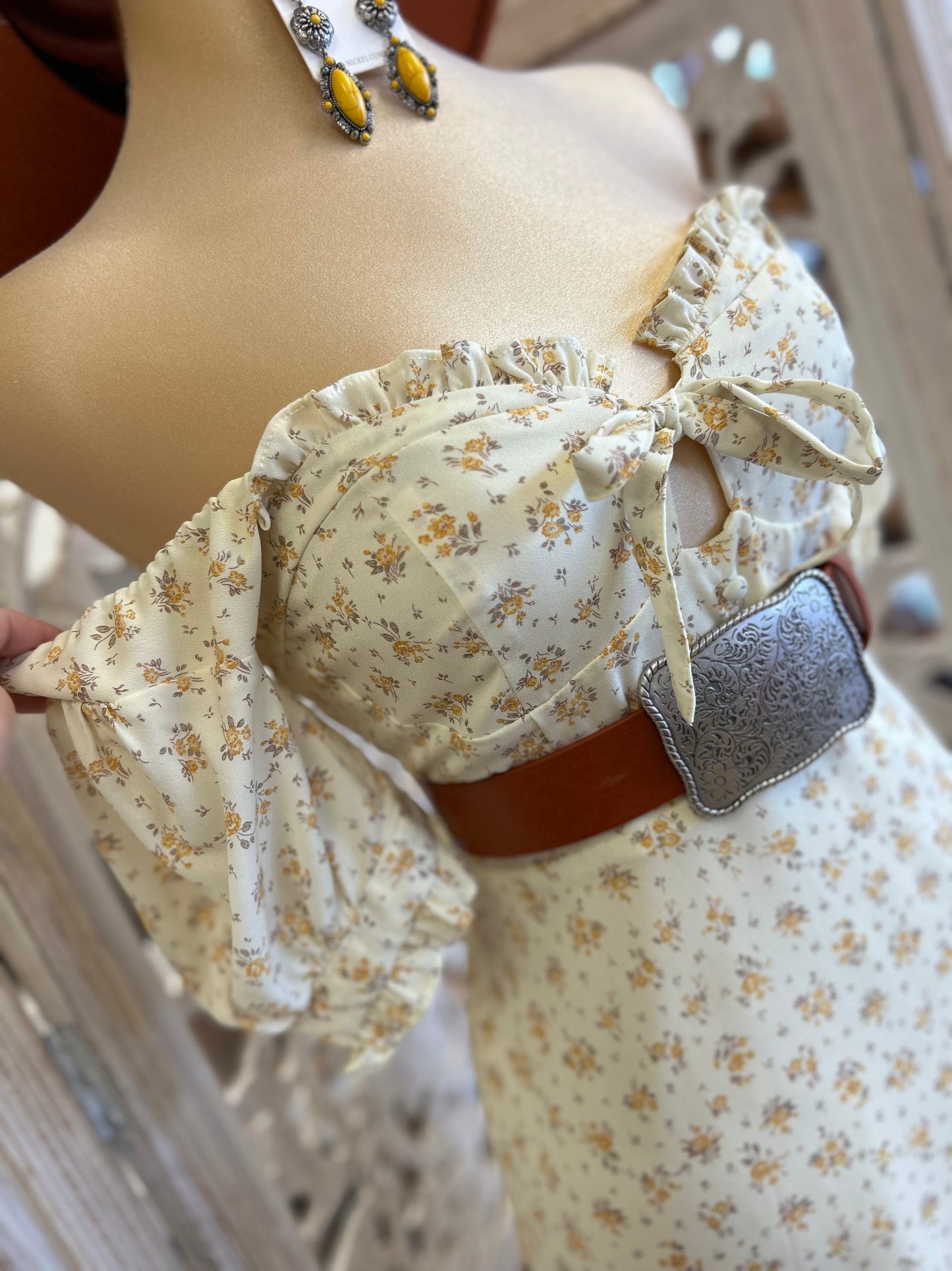 Yellow Floral Keyhole Dress- Not Stretchy