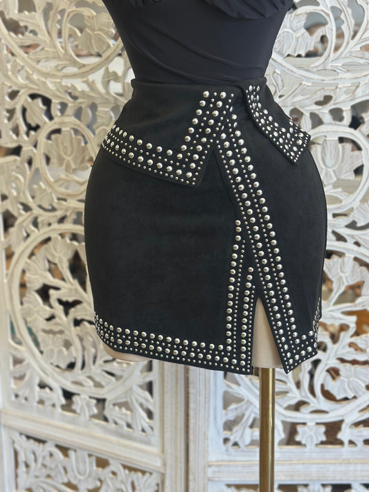 Black Suede Studded Mini Skirt- Stretchy , Estira