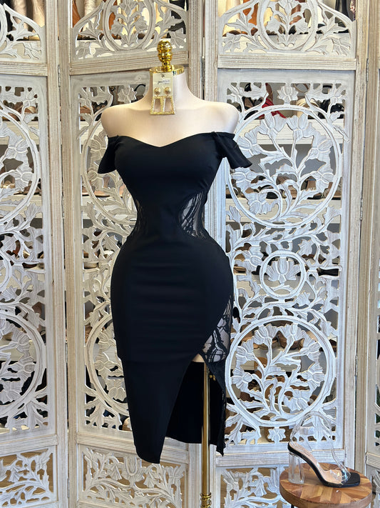 Black Off Shoulder Lace Cutout Dress - Estira, Stretchy