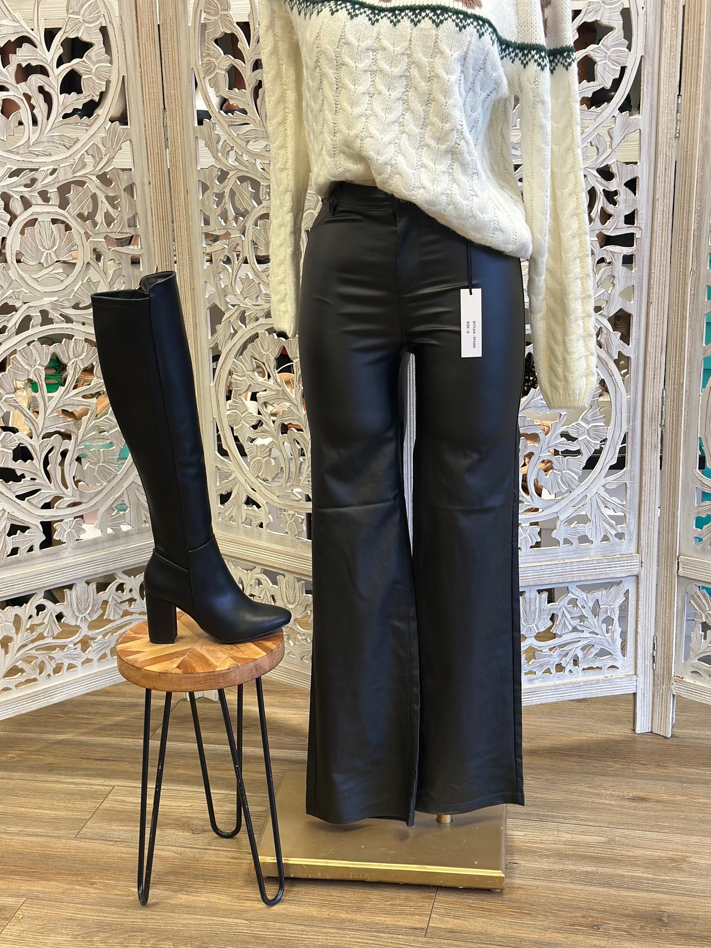 Black Faux Leather Wide Leg Pants - Estira, Stretchy