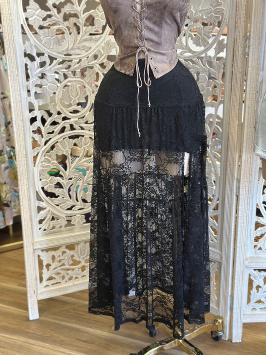 Black Lace Boho Midi Skirt- Stretchy , Estira