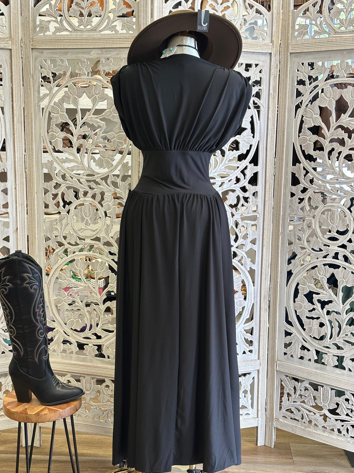 Midnight Wanderer Ruched Western Maxi Dress- Stretchy, Estira