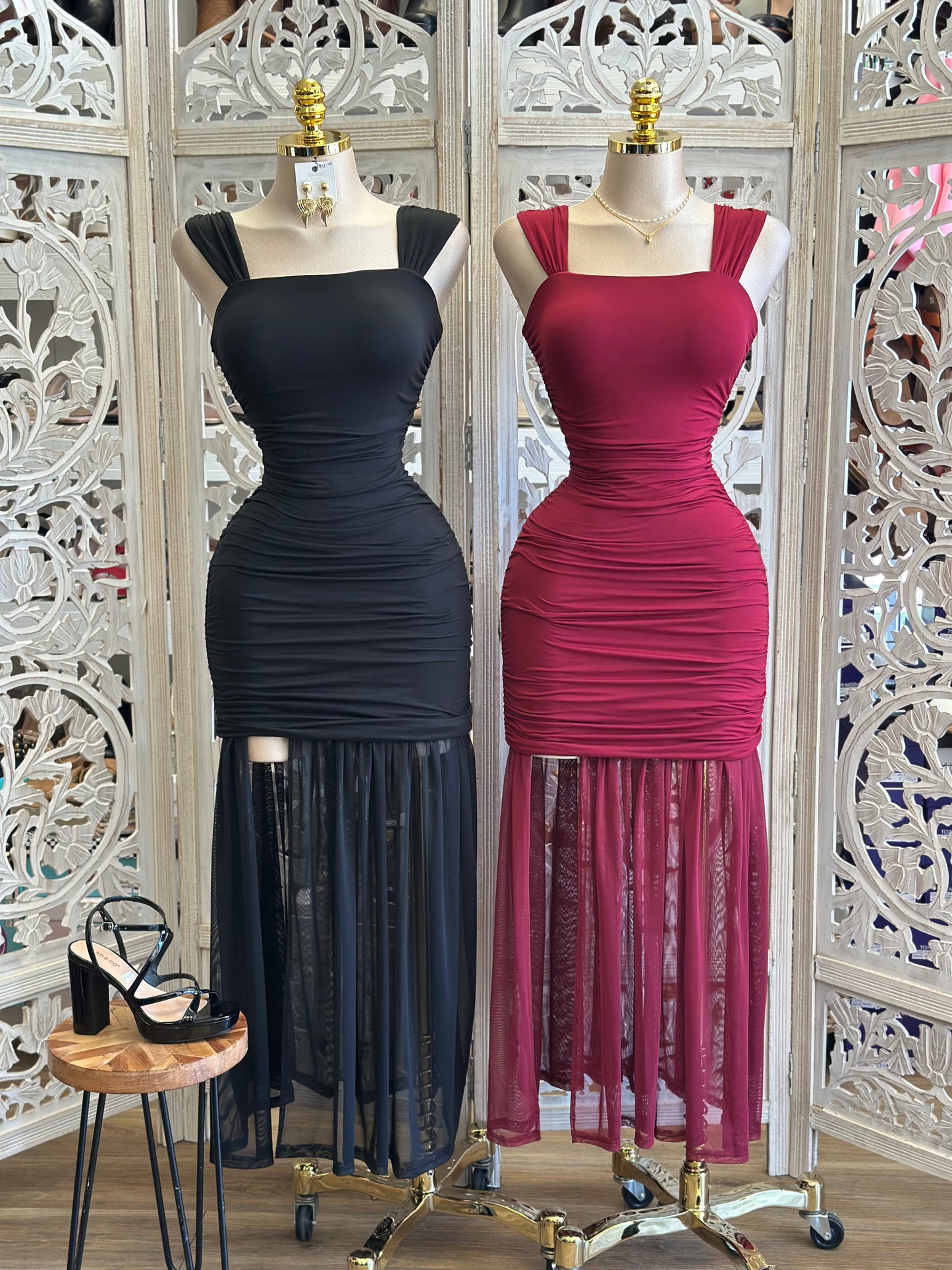 Square Neck Sheer Bottom Dress - Estira, Stretchy