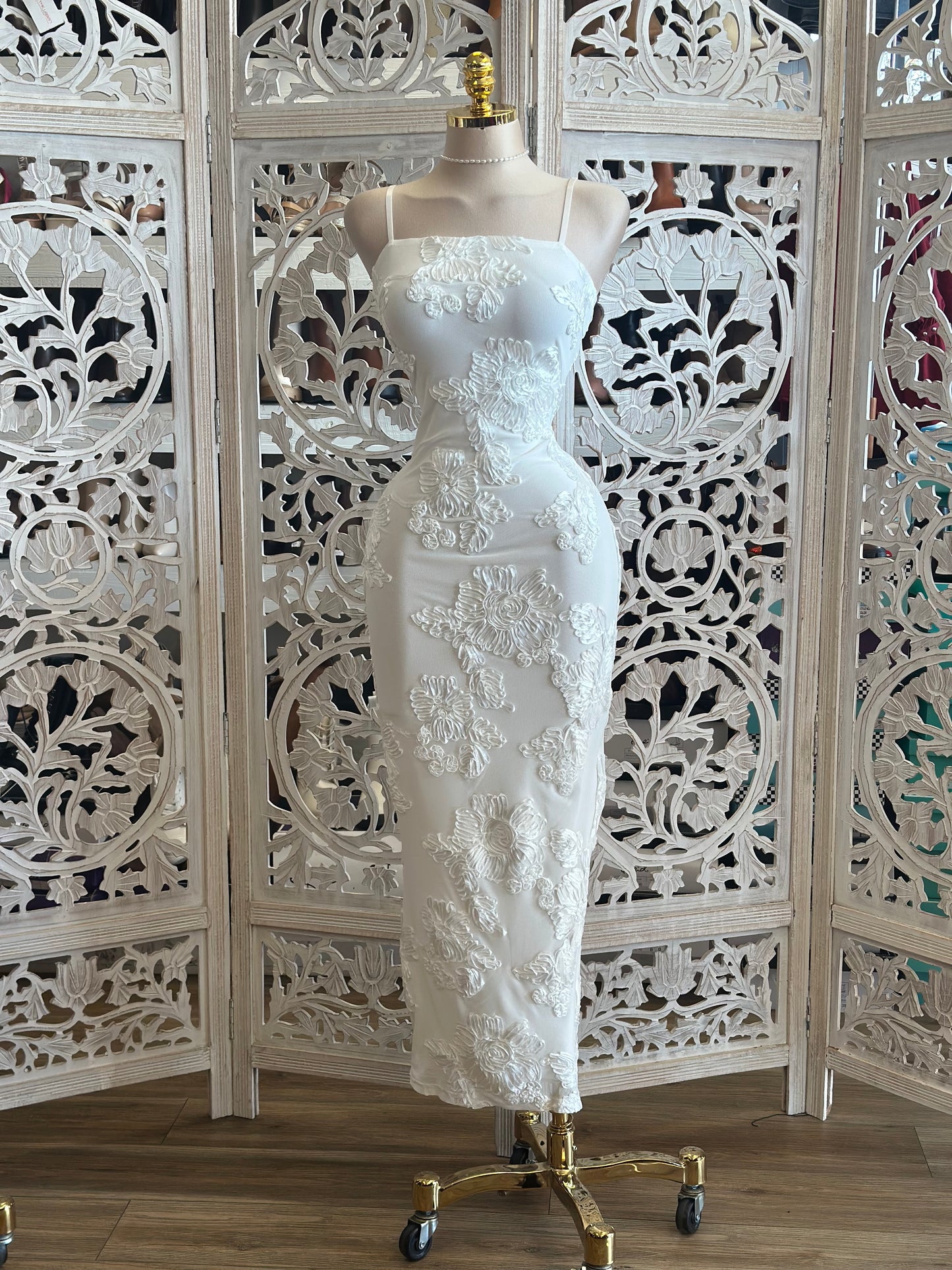 White Square Neck Floral Dress-Stretchy,Estira