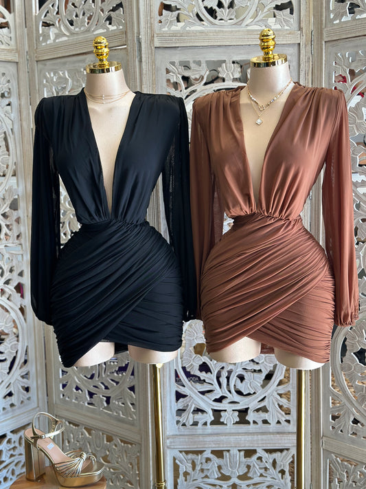 Wrapped Deep V Mini Dress- Stretchy,Estira