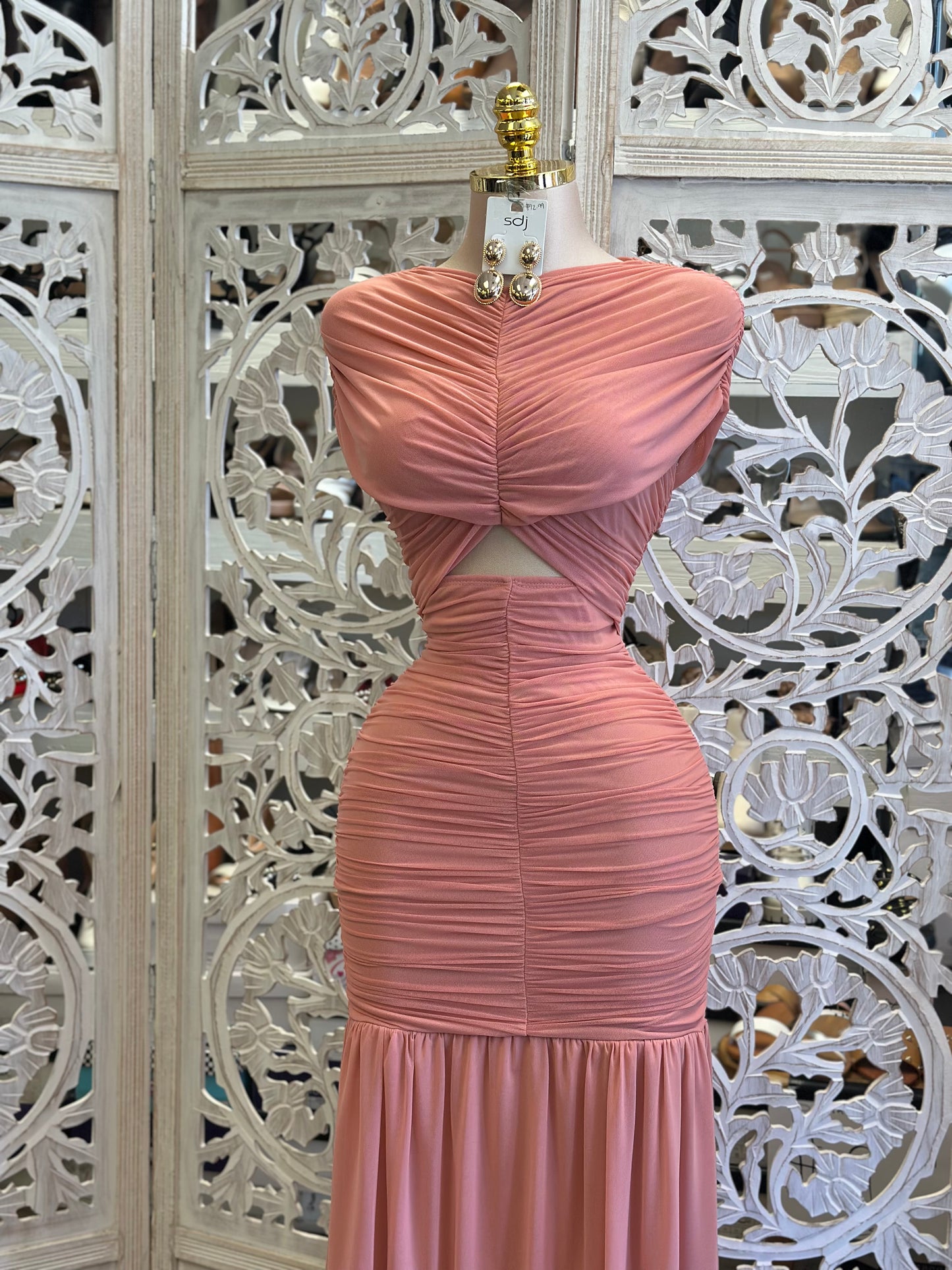 Guava Ruched Covered Evening Dress- Stretchy ,Estira