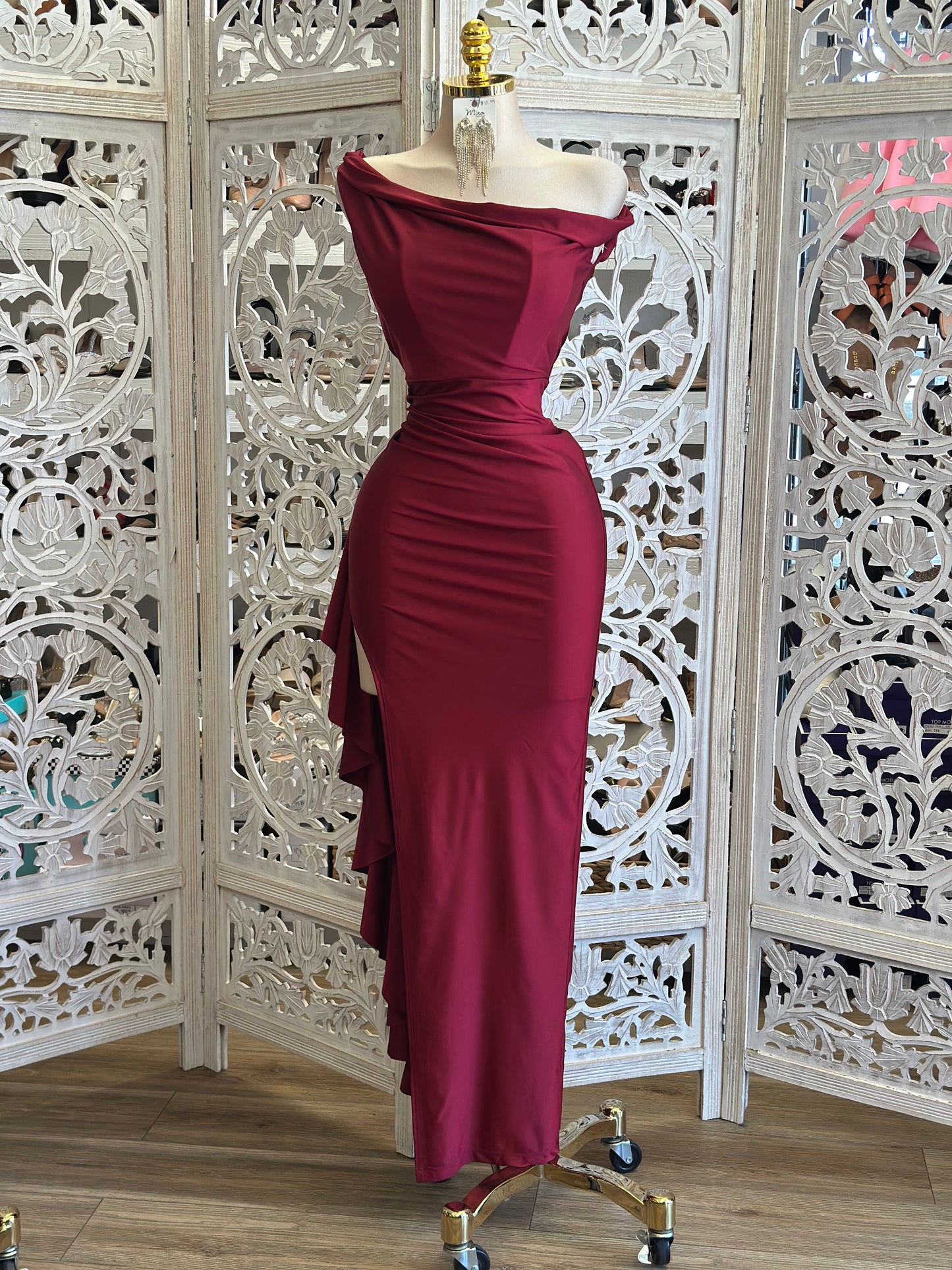 Burgundy High Slit Asymmetrical Dress - Estira, Stretchy
