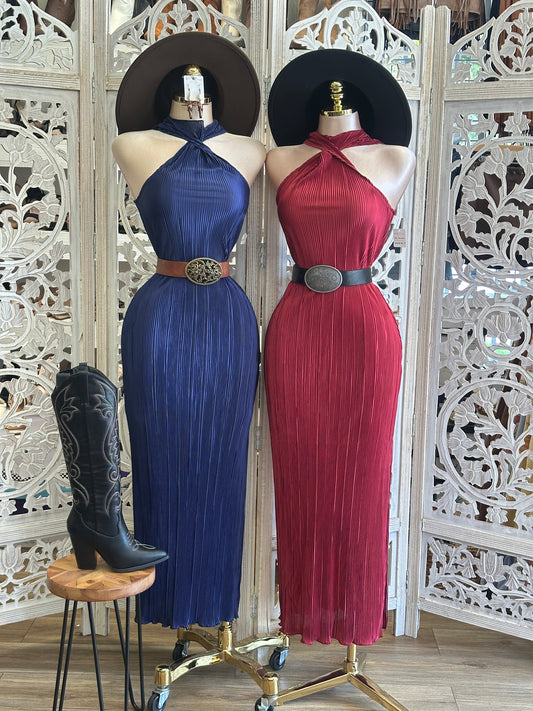 Twisted Pleated Midi Dress- Stretchy, Estira