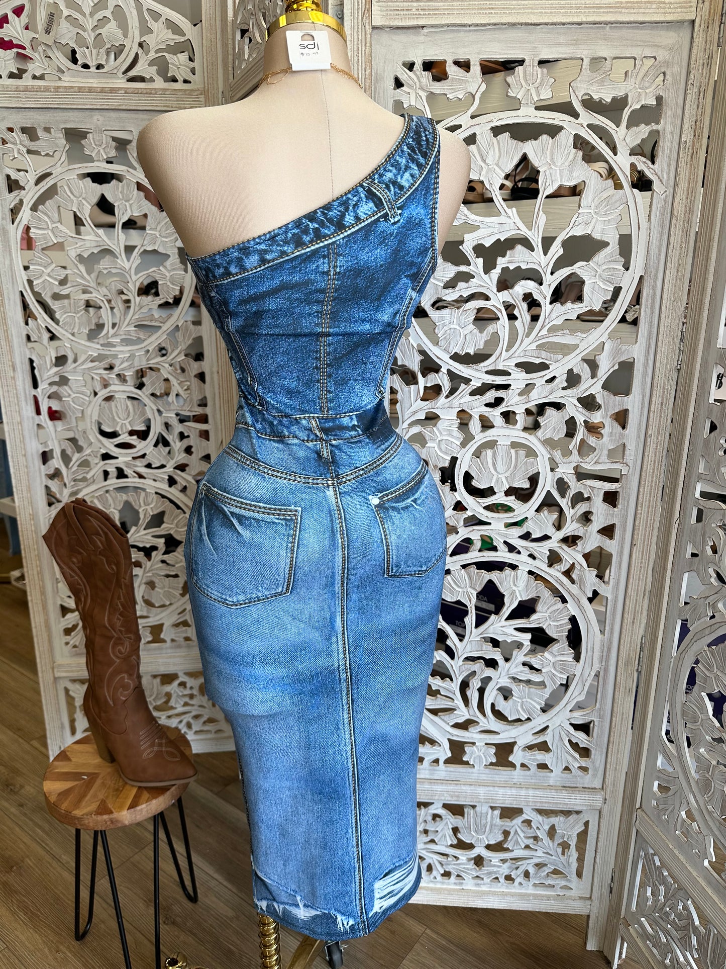 Faux Denim Print Dress - Estira(imitacion mezclilla, licra), Stretchy(faux denim, spandex)