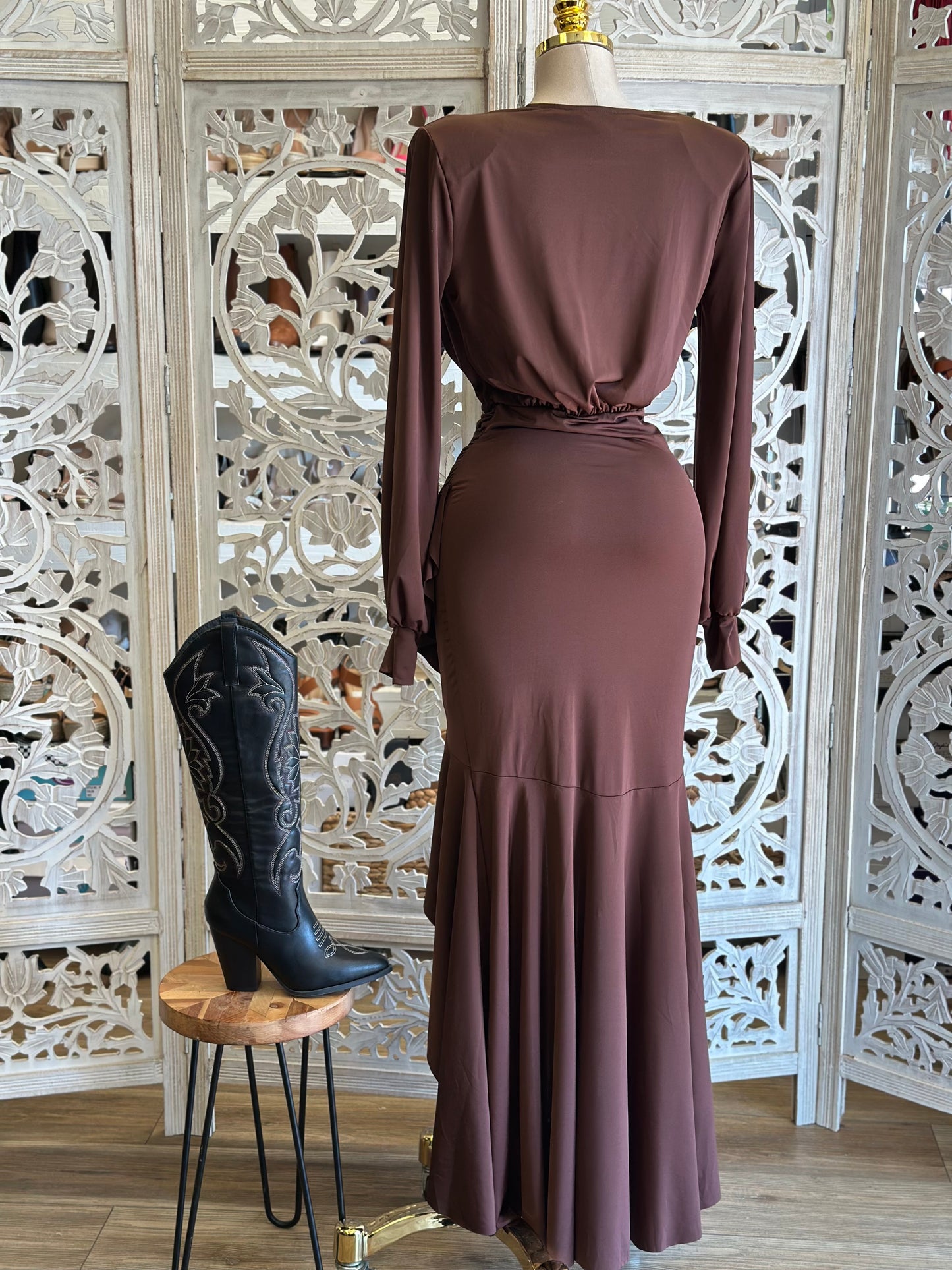 Earth Brown Asymmetrical Ruffle Dress- Stretchy,Estira