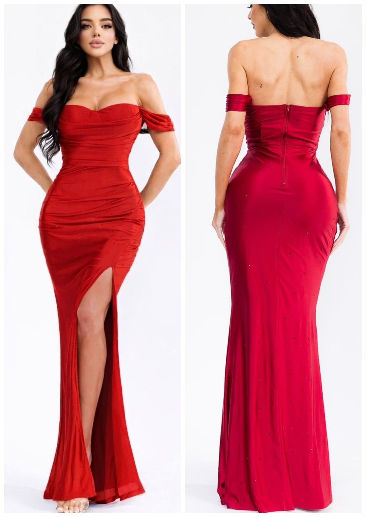 Crimson Stretch Satin Off-Shoulder Dress- Estira, Stretchy