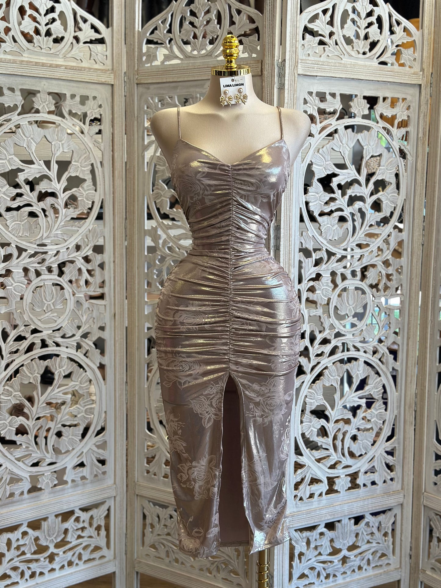 Metallic Floral Midi Dress- Stretchy , Estira