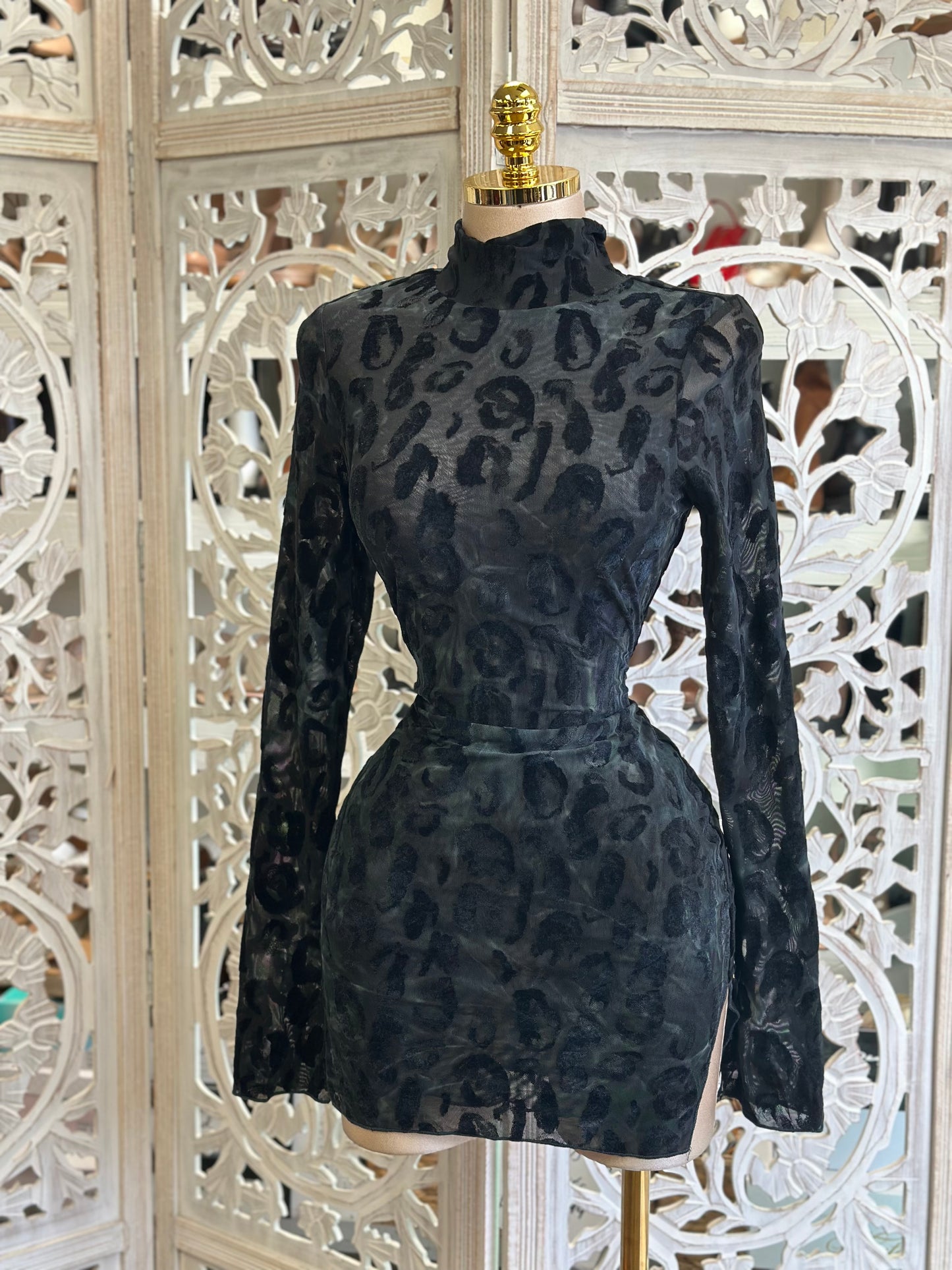 Black Leopard Velvet Mini Dress- Stretchy,Estira