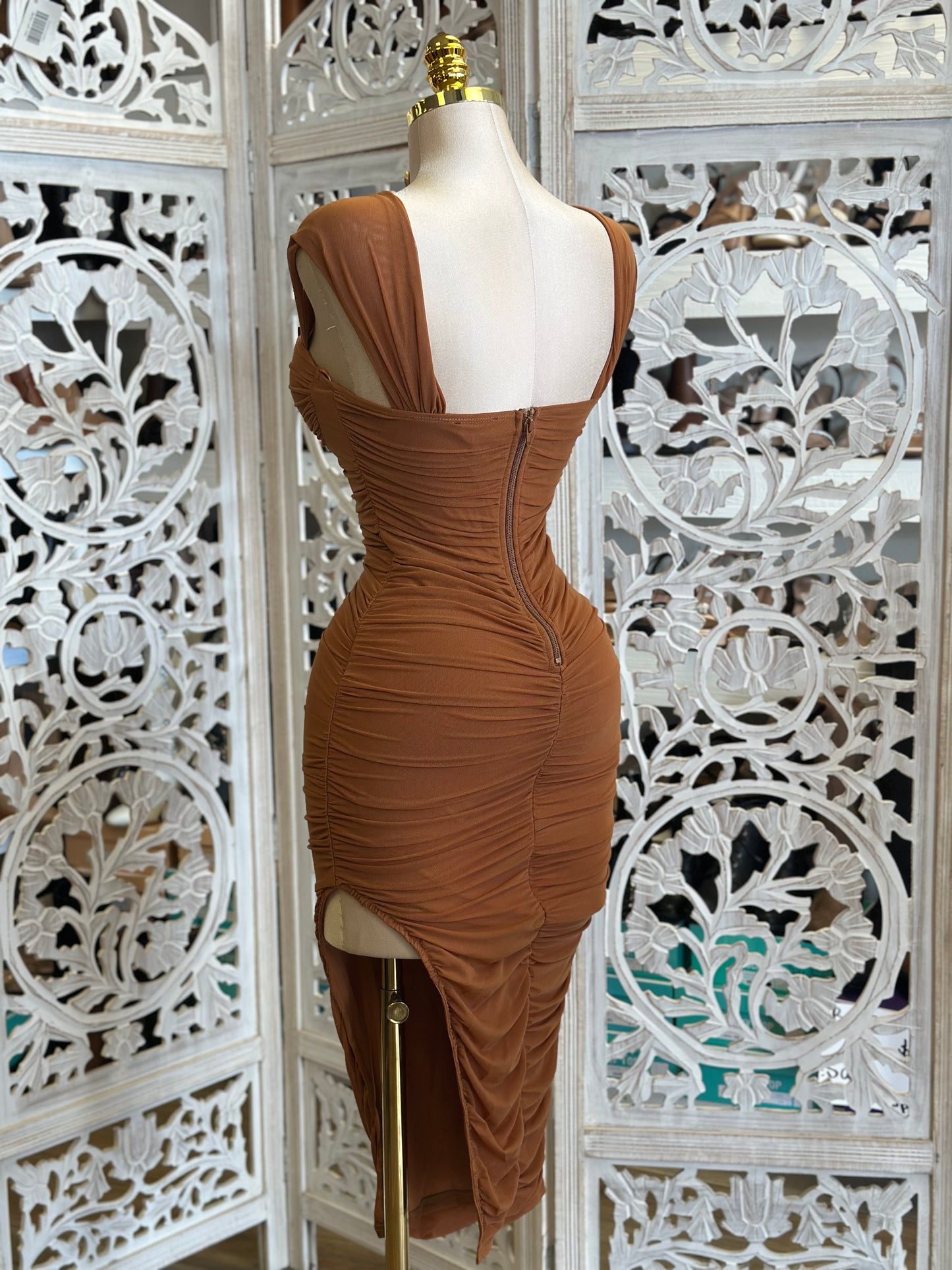 Rust Midi Square Neck Dress- Stretchy,Estira