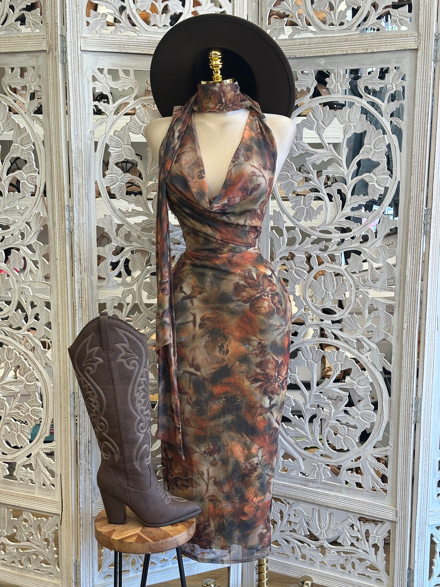 Lina Scarfed Midi Dress -  Estira, Stretchy