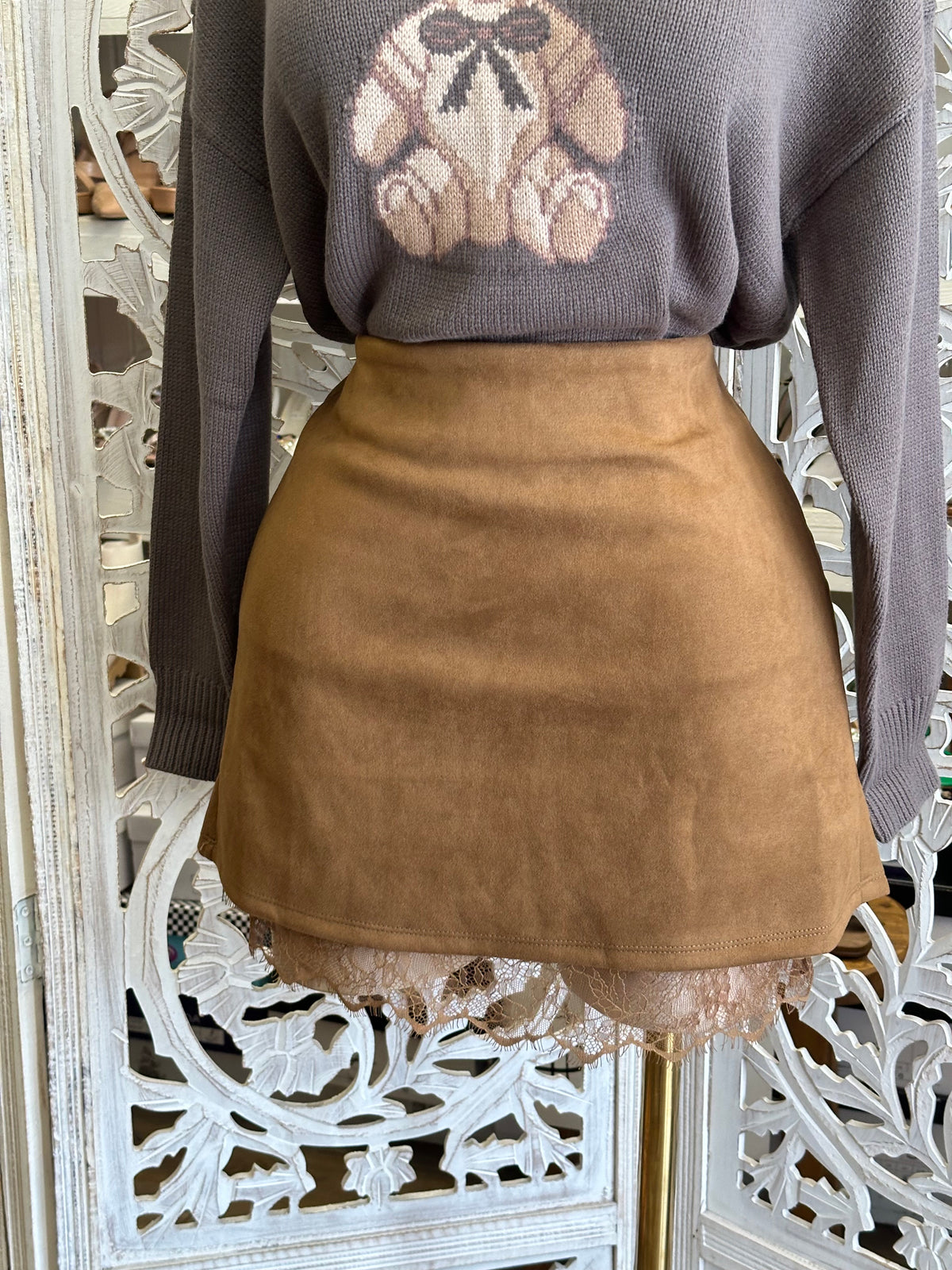 Camelot Lace Suede Mini Skirt- Stretchy