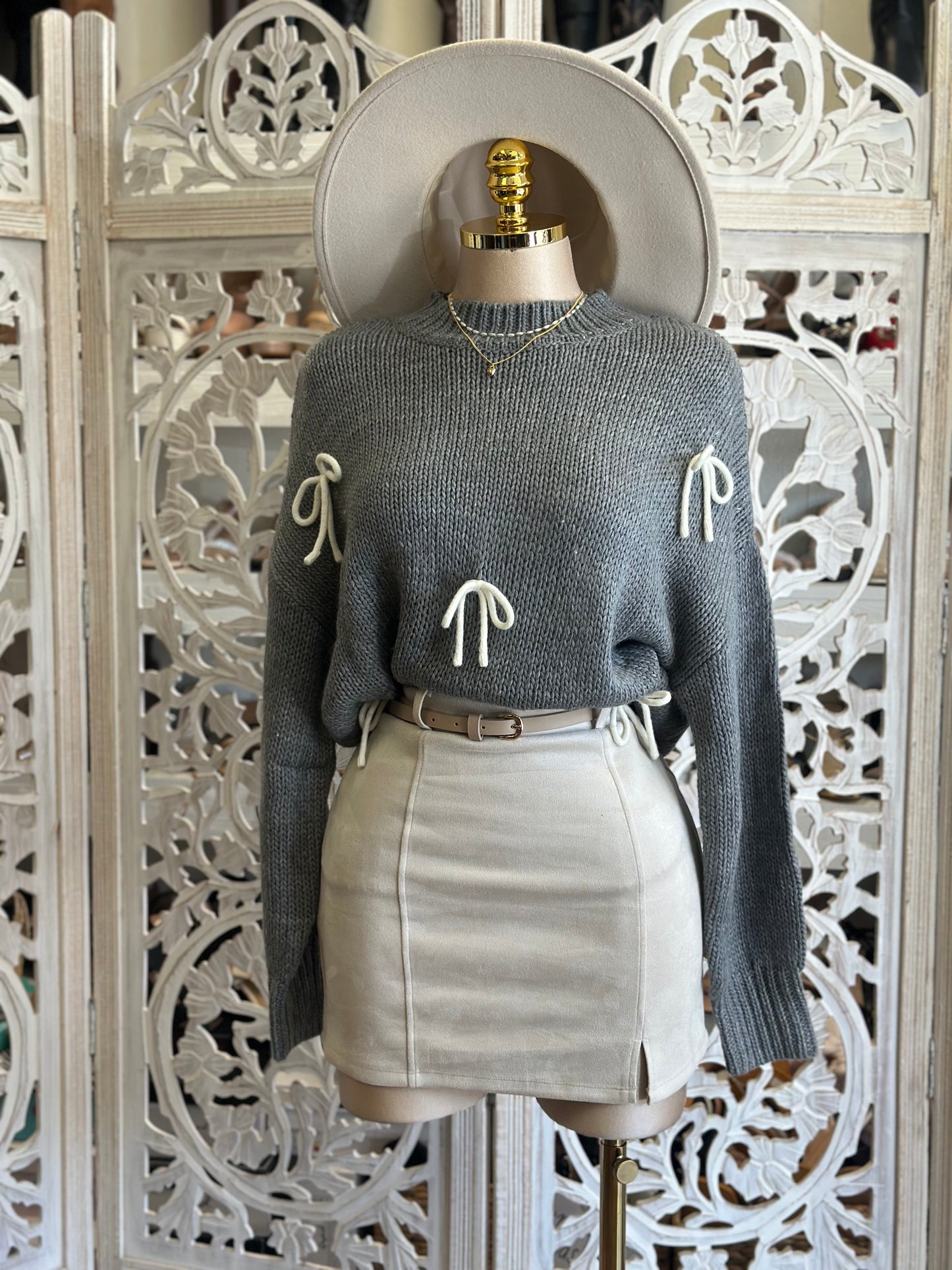 Heather Gray Ribbon Detail Knit Sweater