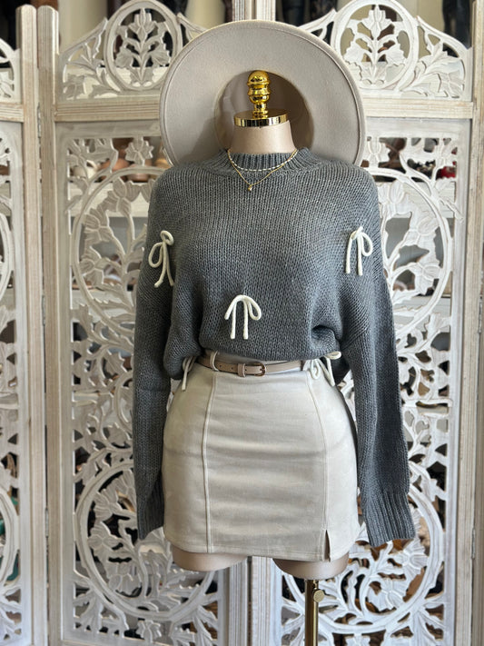 Heather Gray Ribbon Detail Knit Sweater