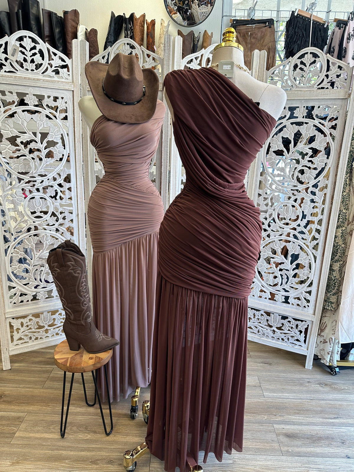 Espresso One-Shoulder Ruched Maxi Dress- Estira, Stretchy