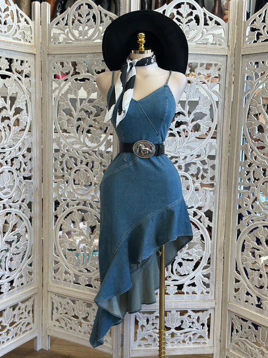 High Low Denim Strappy Dress-Estira, Stretchy