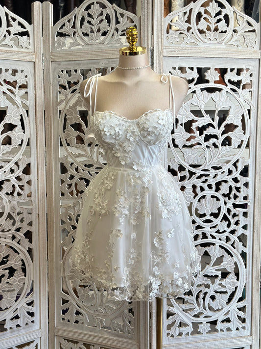 Ribbon Strap Floral White Mini Dress-Not Stretchy,No Estira