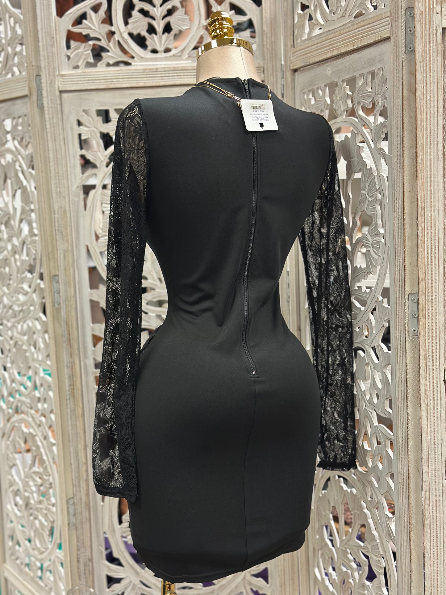Black Lace Cutout Mini Dress- Stretchy,Estira