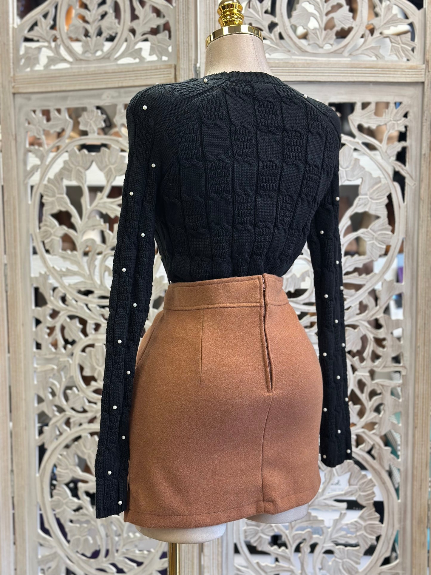 Brown Pocketed Mini Skirt-  Stretchy , Estira