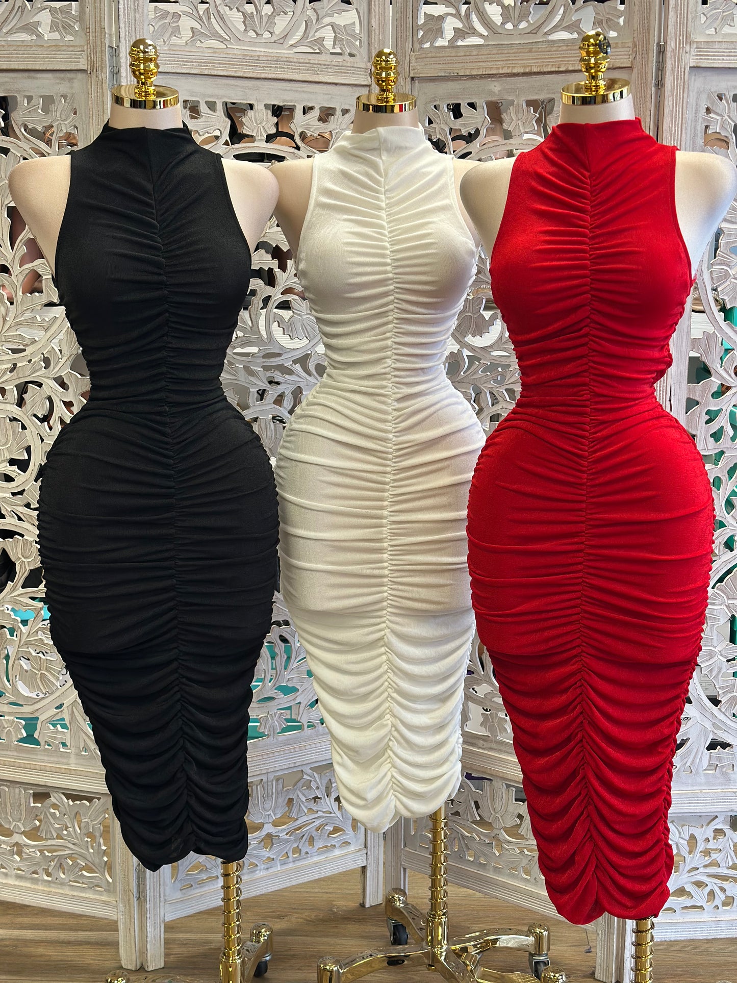 Mock Neck Midi Ruched Dress- Stretchy,Estira