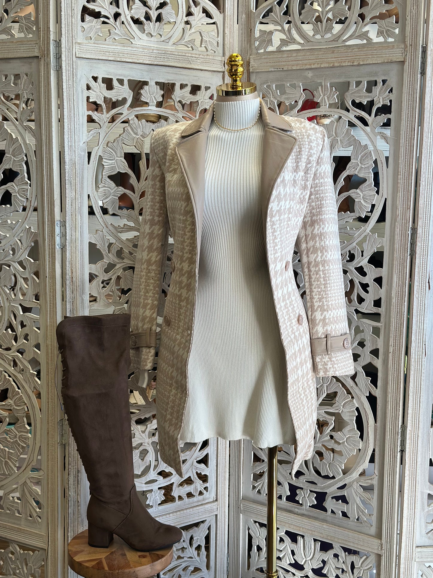 Neutral Houndstooth Midsize Coat