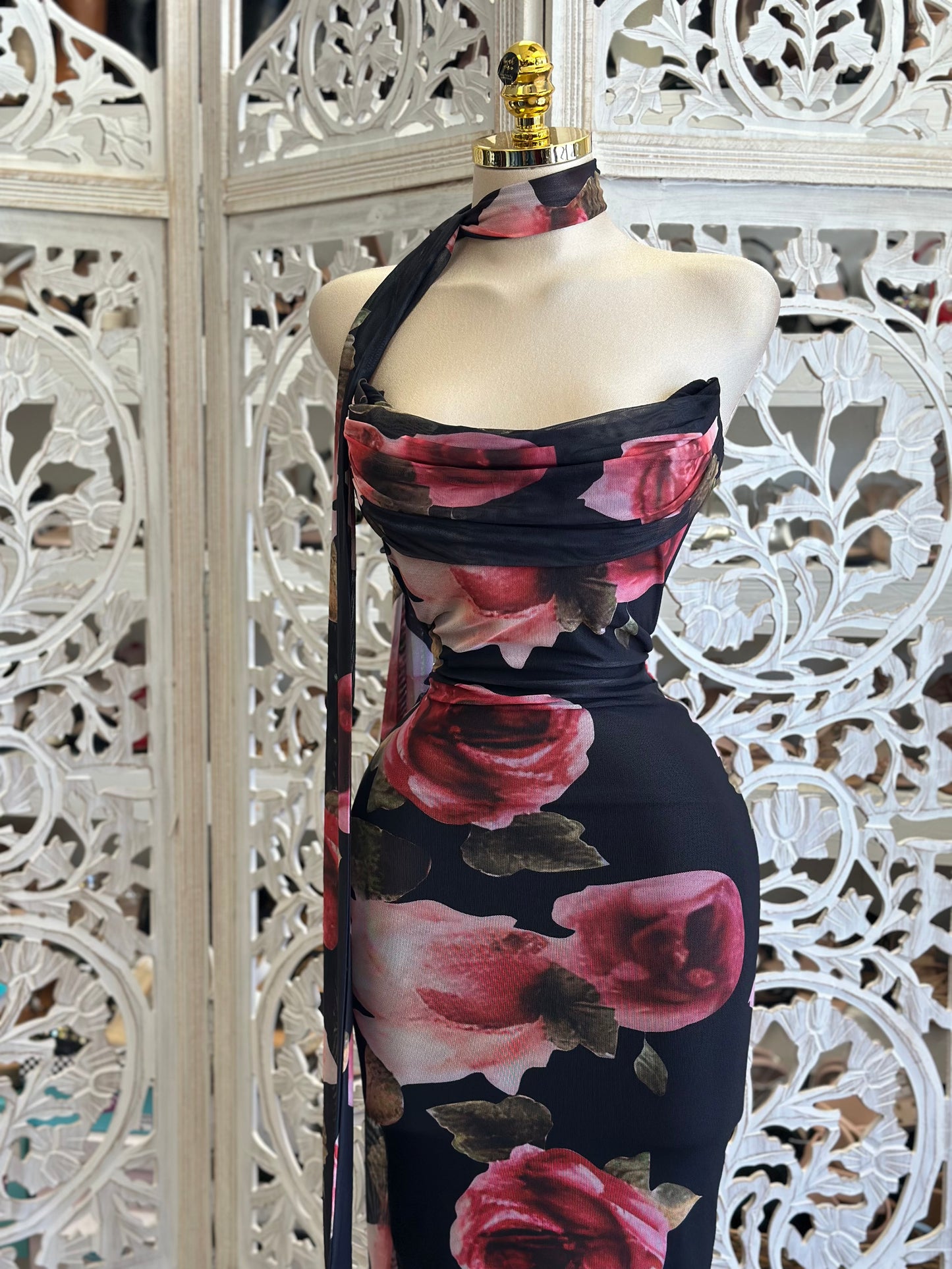 Rose Petal Strapless Scarf Midi Dress - Estira, Stretchy