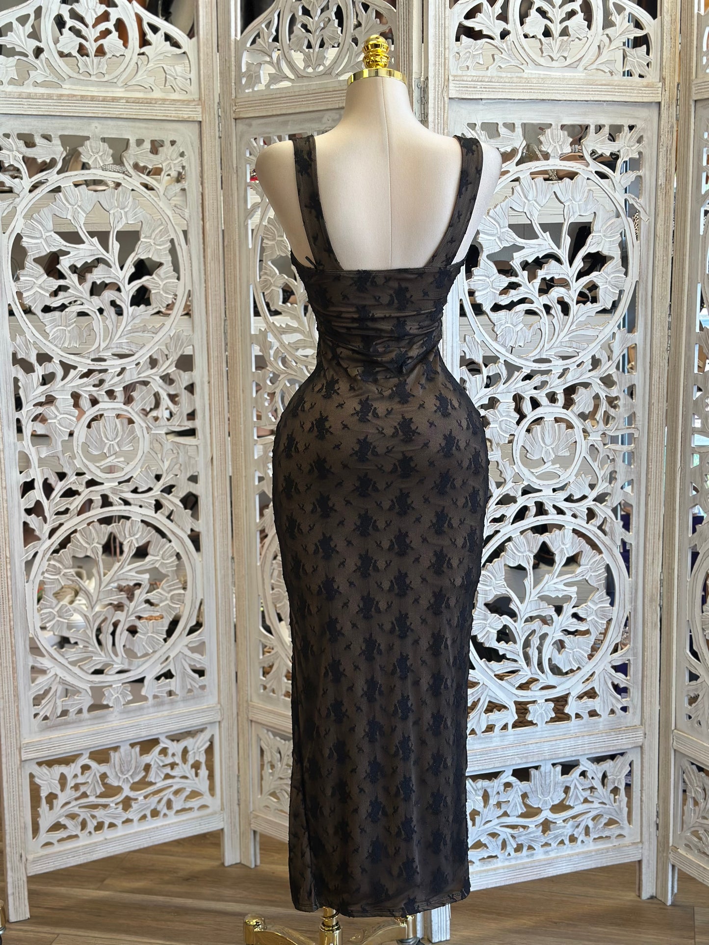 Nude and Black Lace Bodycon Midi Dress- Stretchy ,
