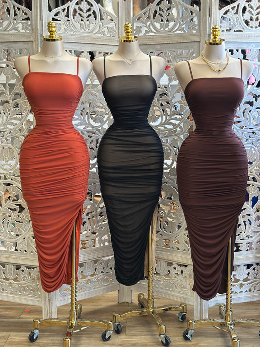 Mesh Ruched Midi Dress- Estira, Stretchy